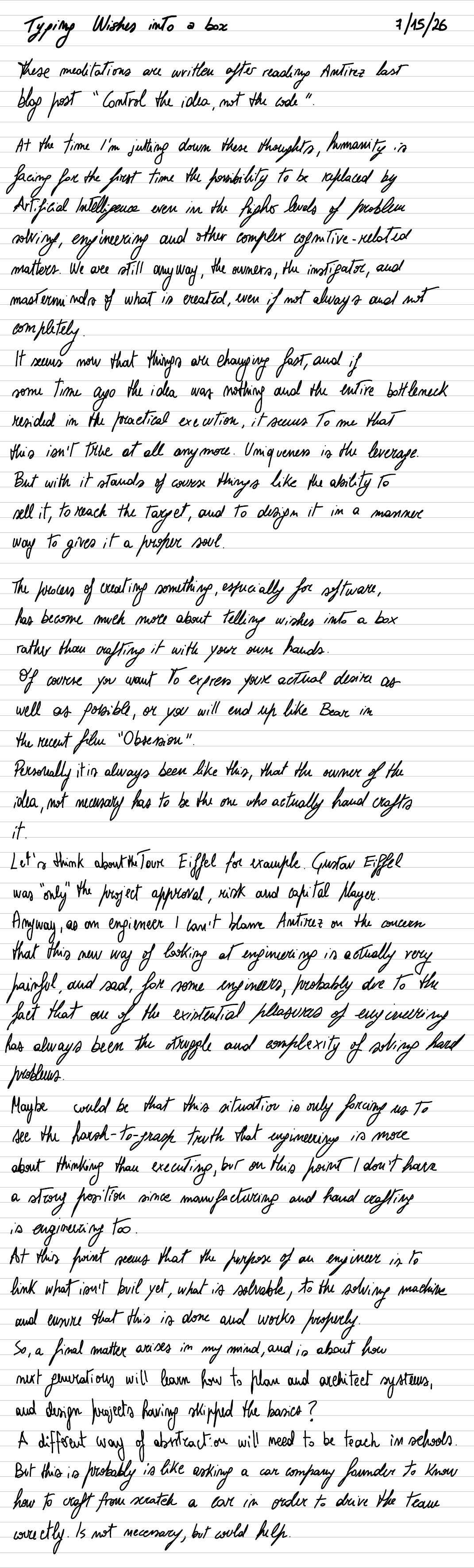 The handwritten first draft of “Typing Wishes into a Box,” dated 7/15/26, written in ink on lined paper.